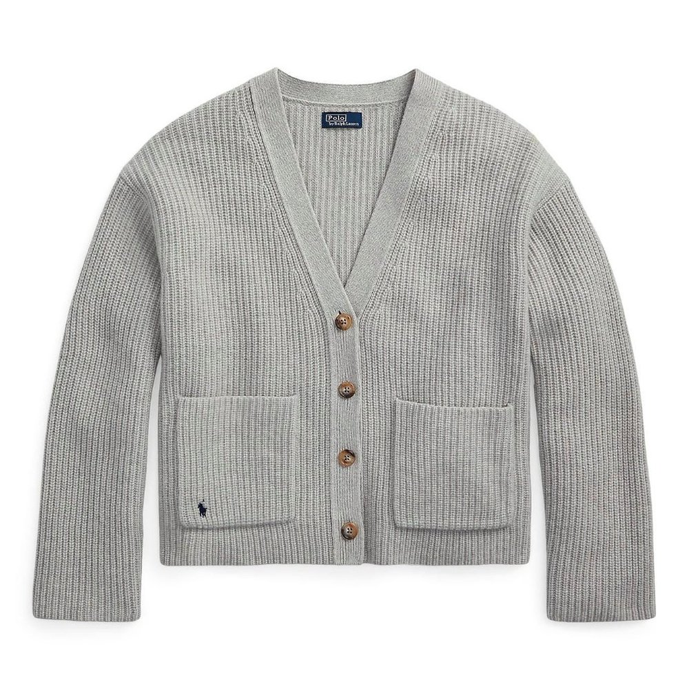 Polo Ralph Lauren Ribbed-Knit V Neck Wool Cardigan Grey Size XL